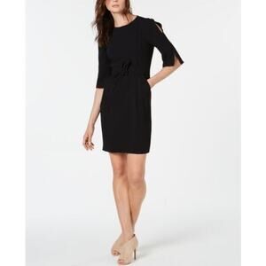 Marella Black Sheath Dress Belted 3/4 Sleeve Open Bell Sleeve Work Dress